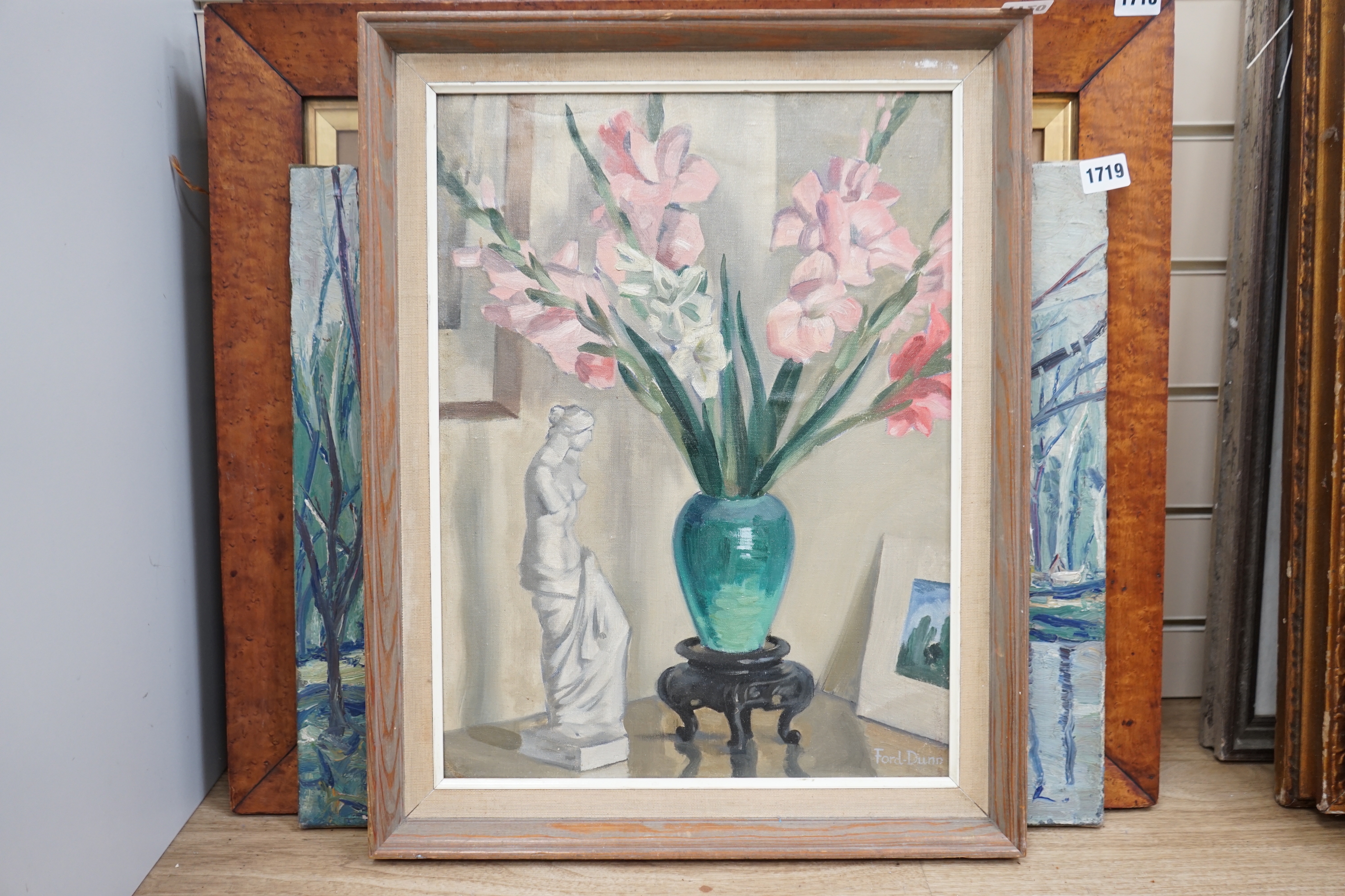 Ford-Dunn, oil on canvas board, Still life of gladioli and a classical figure, signed, 46 x 34cm